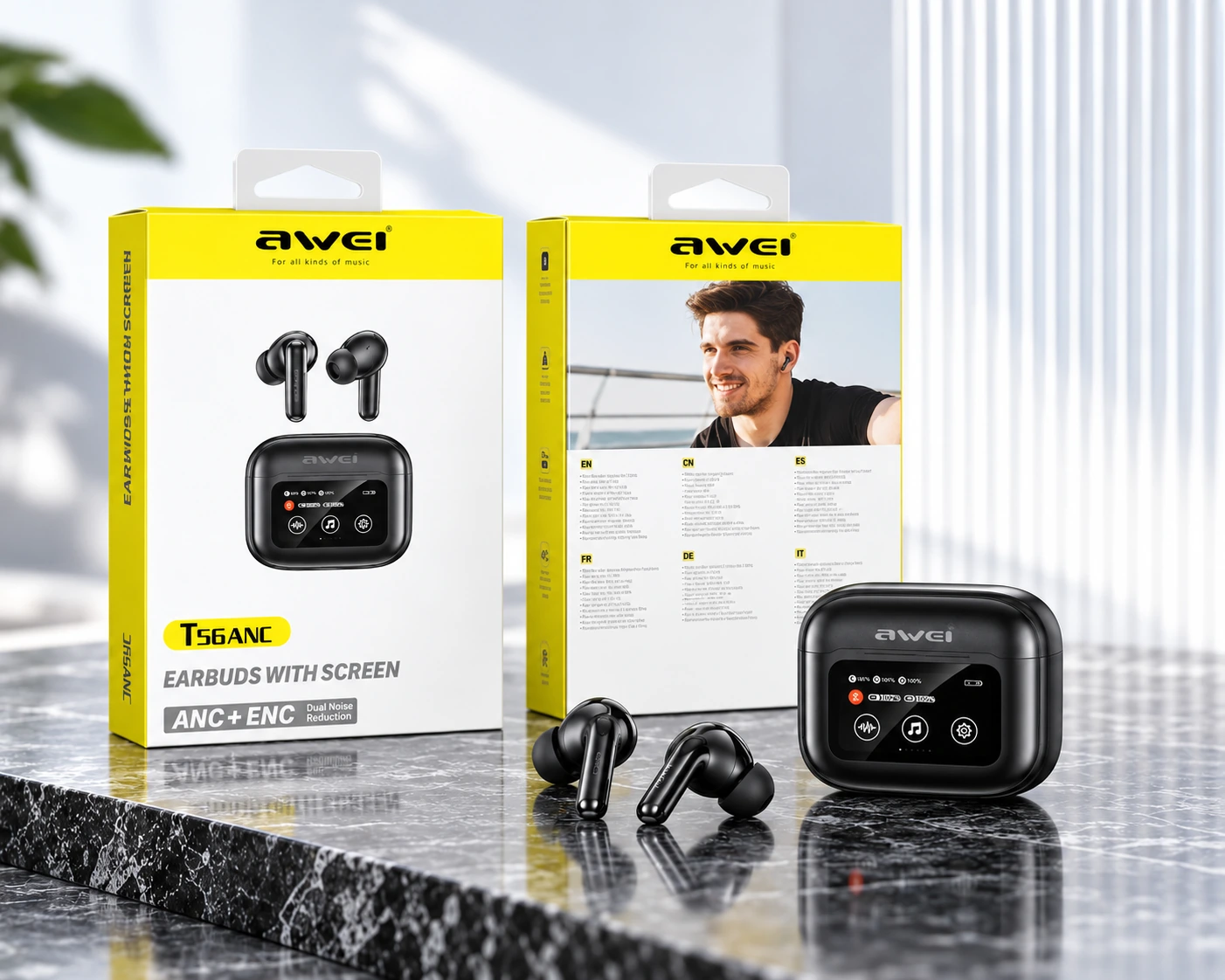AWEI T56ANC earbuds, touchscreen charging case and retail packaging on a marble surface