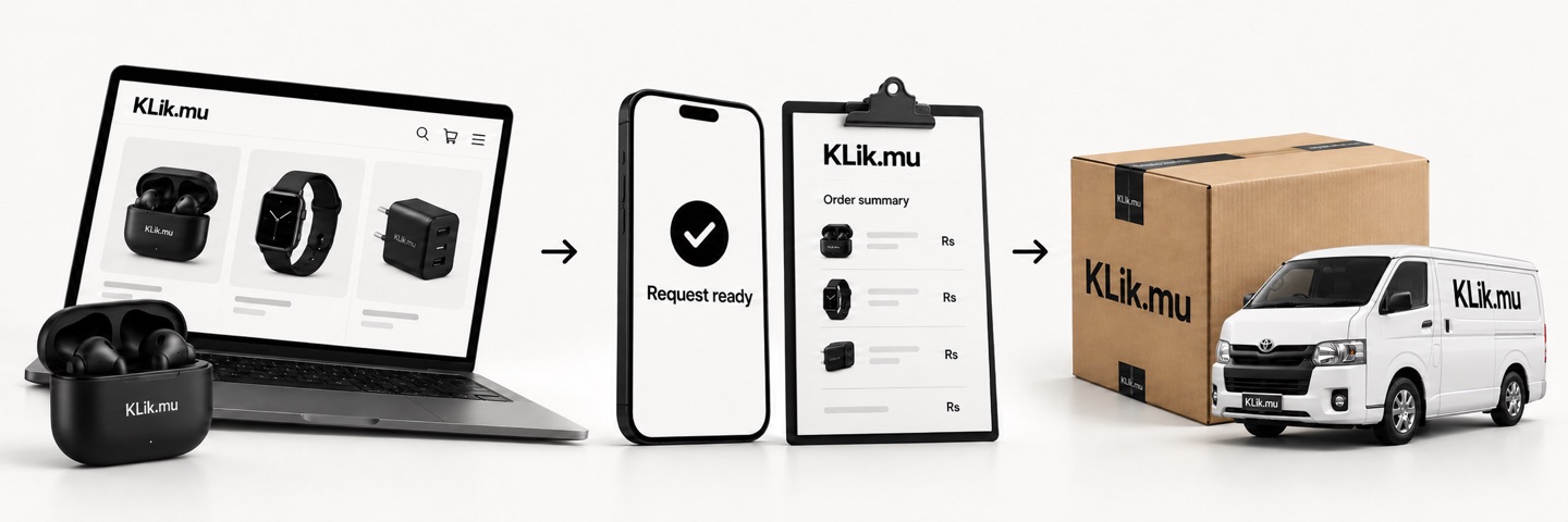 Illustrated ordering journey: browse electronics on KLik.mu, review your order request, then arrange parcel delivery.